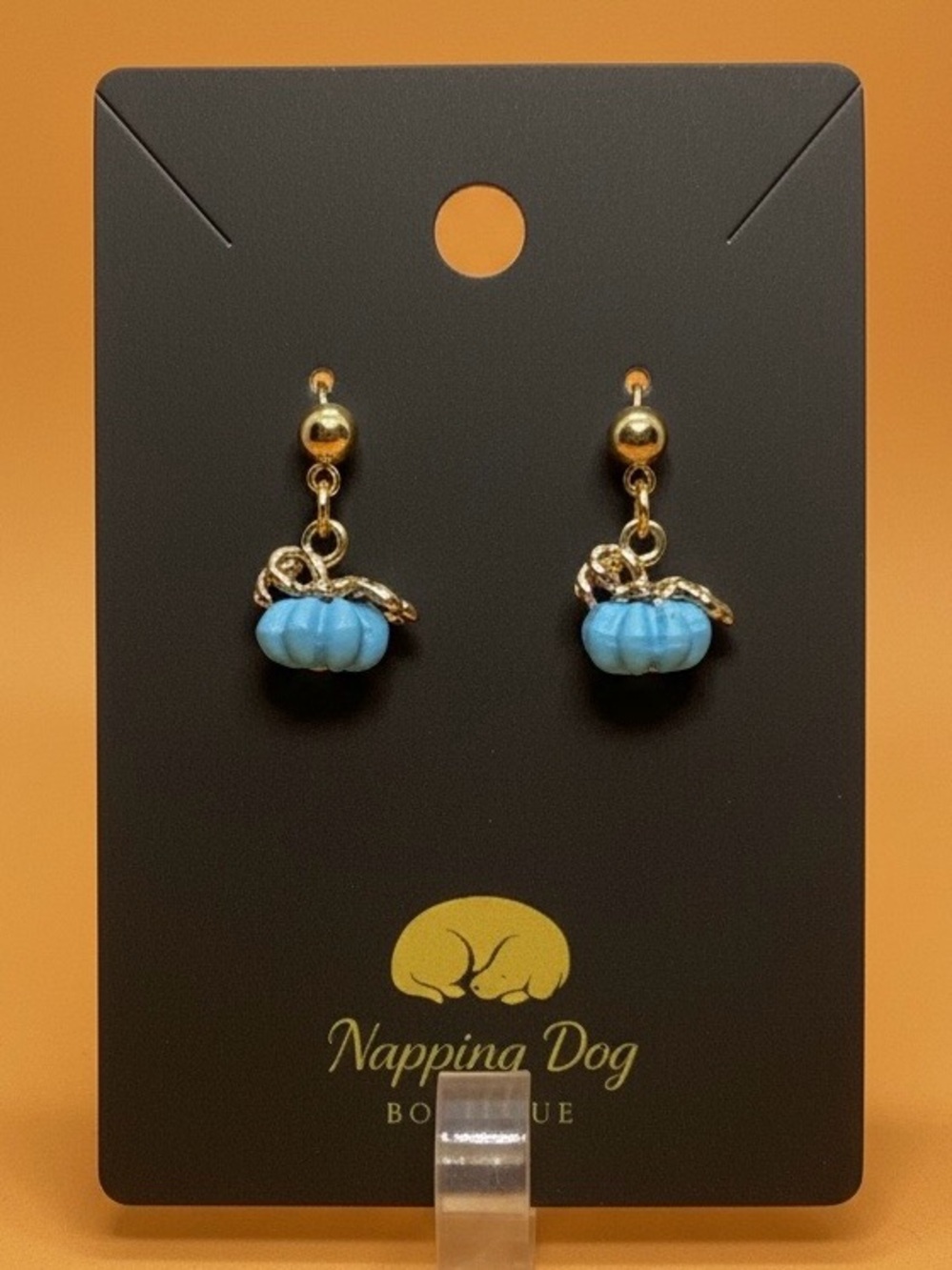 Blue Ceramic Pumpkin Post Earrings – Gold-Tone Fall Dangle Earrings